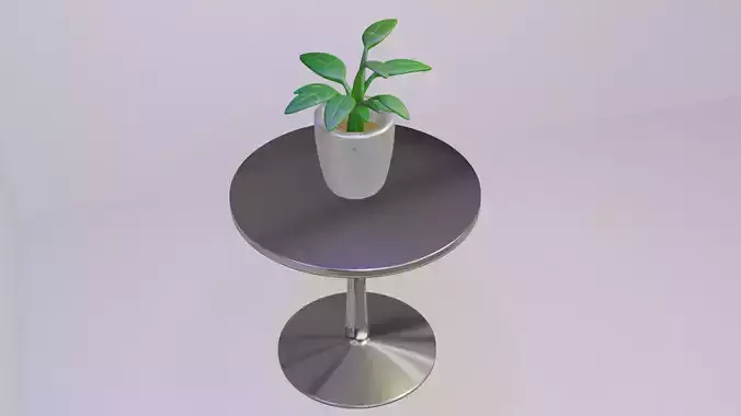 Clay Pot with Leaves on Steel Table Low-poly 3D model