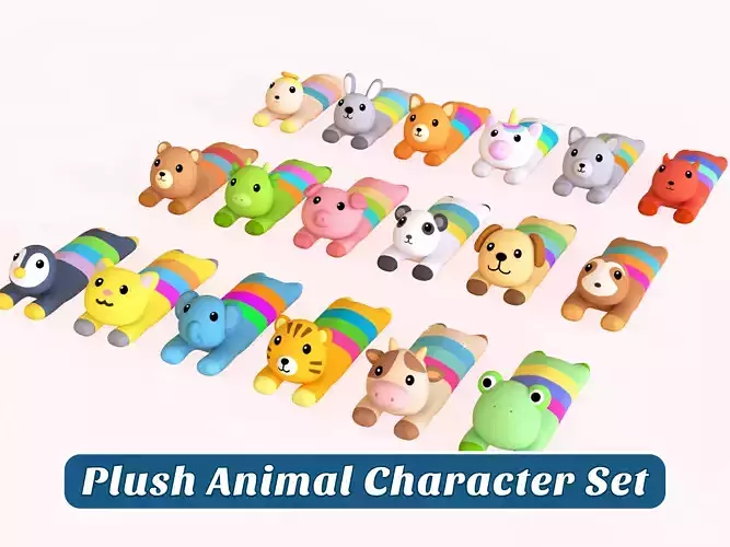 Plush Animal Character Set Low-poly 3D model