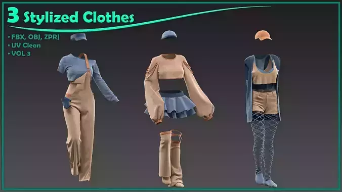 3 female stylized clothes 3D model 3 female stylized clothes 3D model