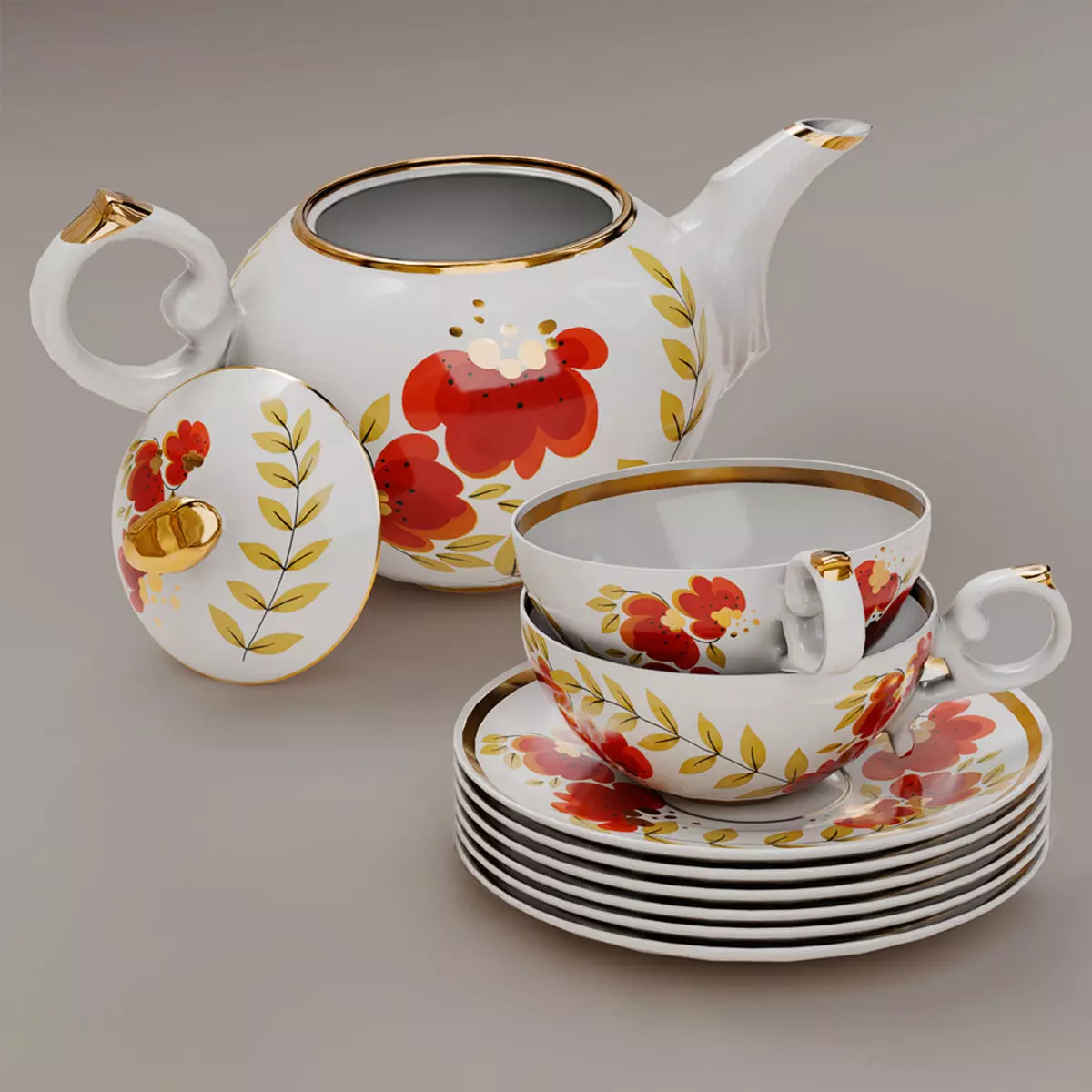 Porcelain Tea Set From The USSR PBR Low-poly 3D model