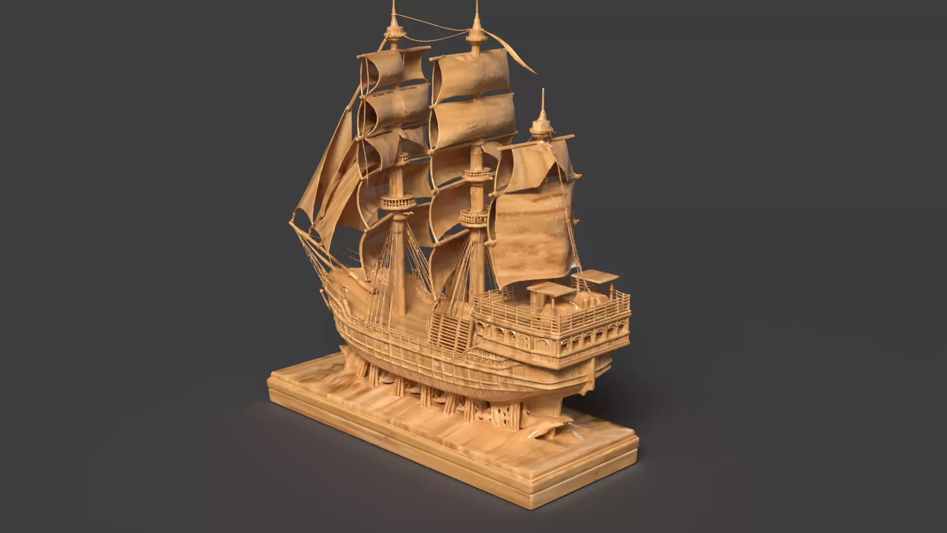 Chinese wooden carving sail ship Low-poly 3D model_0