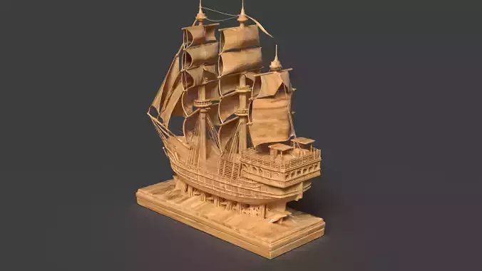  Chinese wooden carving sail ship Low-poly 3D model