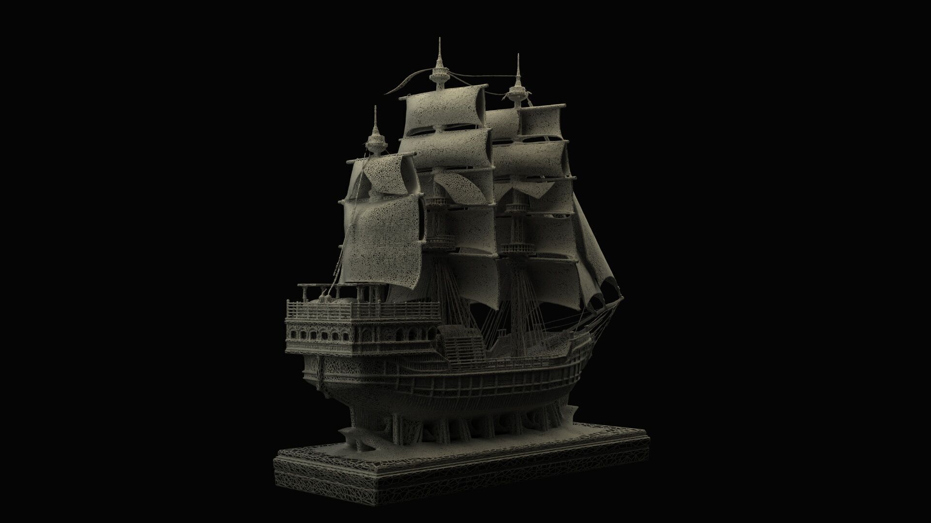 Chinese wooden carving sail ship Low-poly 3D model_7