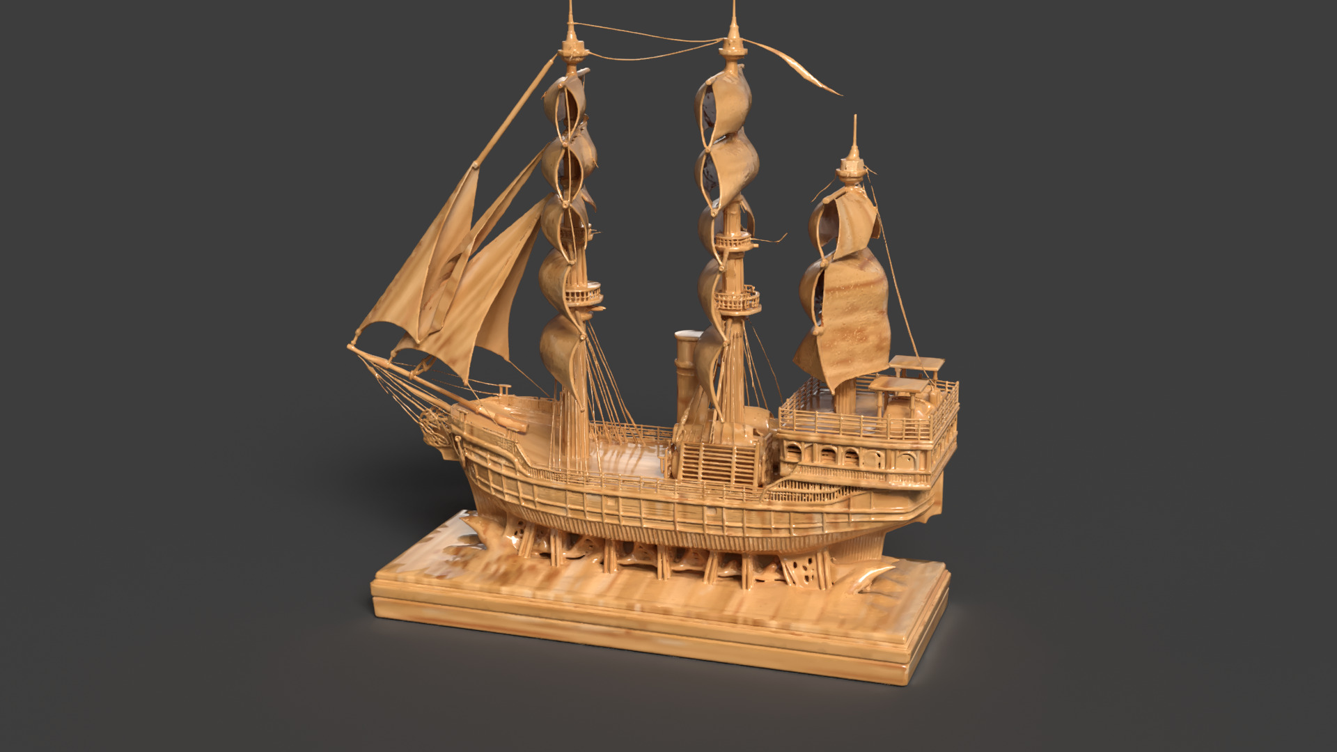 Chinese wooden carving sail ship Low-poly 3D model_2