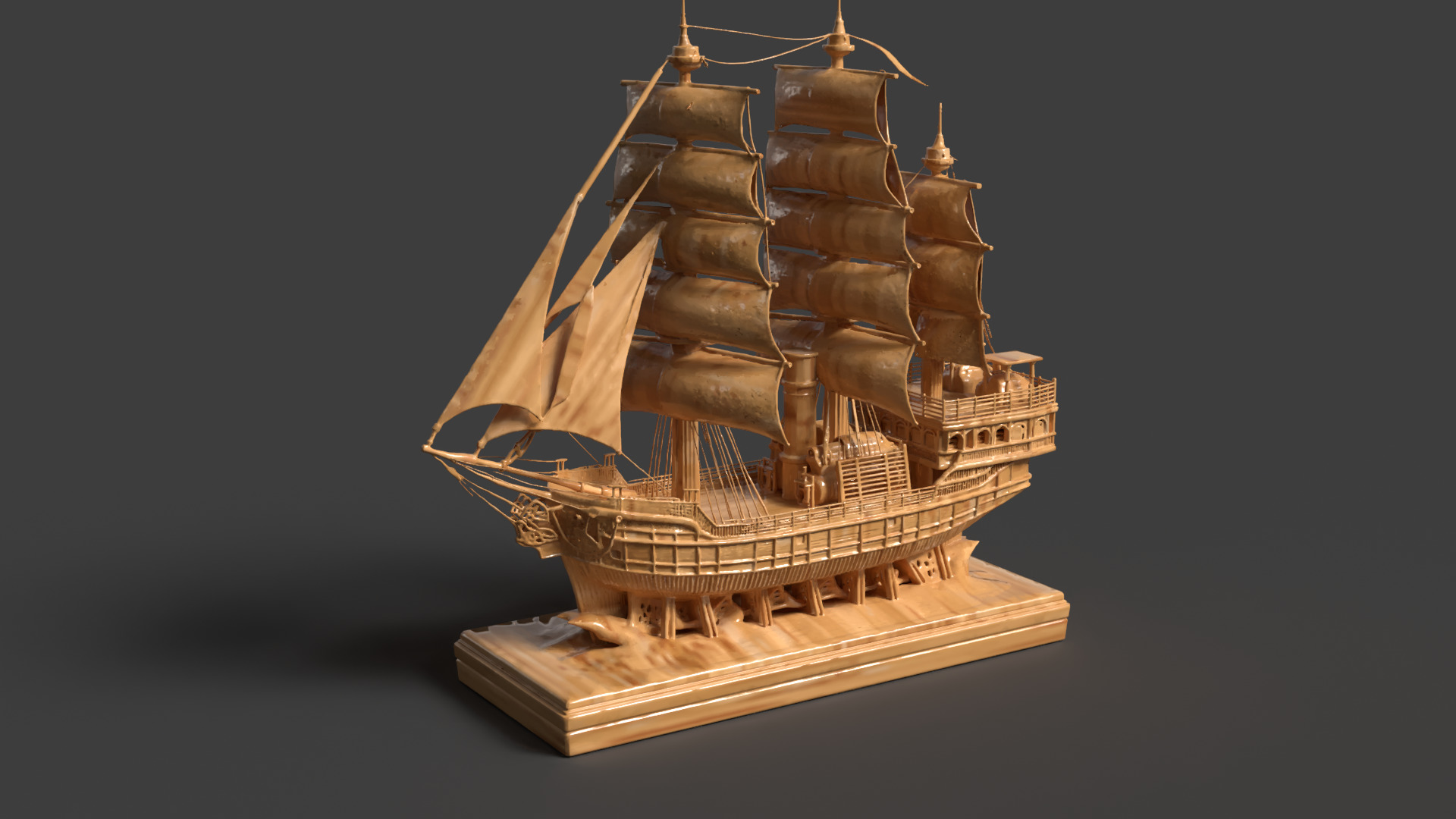 Chinese wooden carving sail ship Low-poly 3D model_4