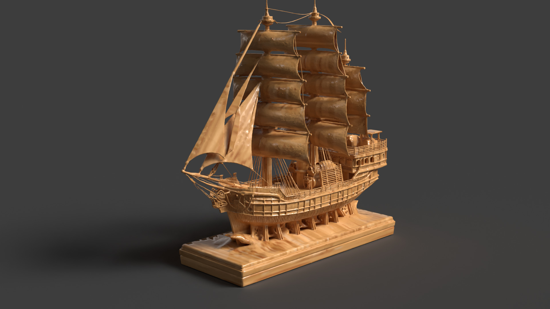 Chinese wooden carving sail ship Low-poly 3D model_5