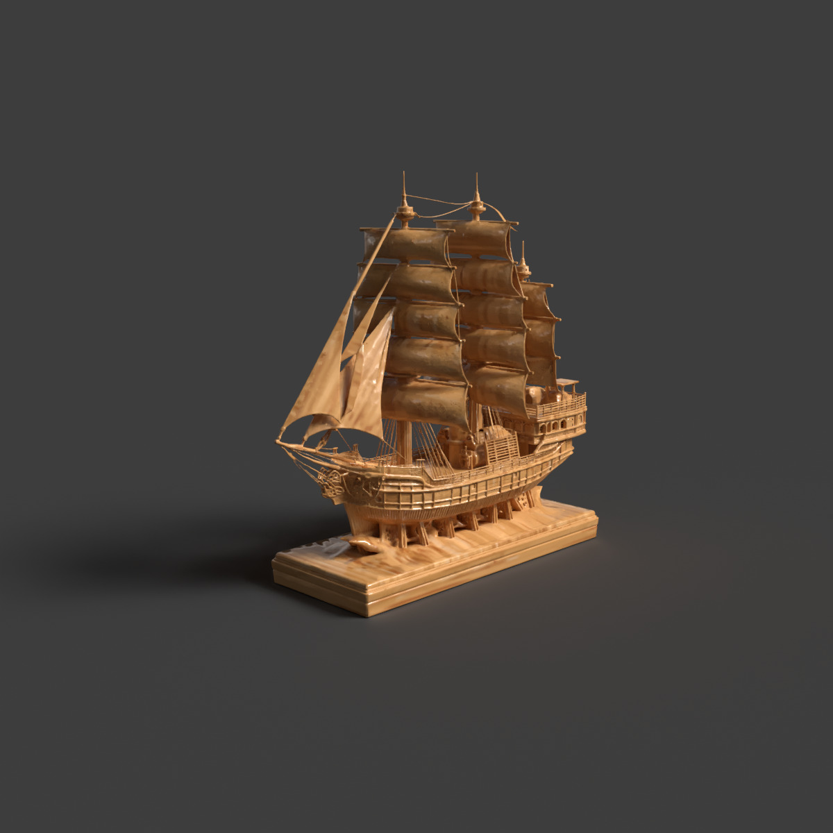Chinese wooden carving sail ship Low-poly 3D model_6