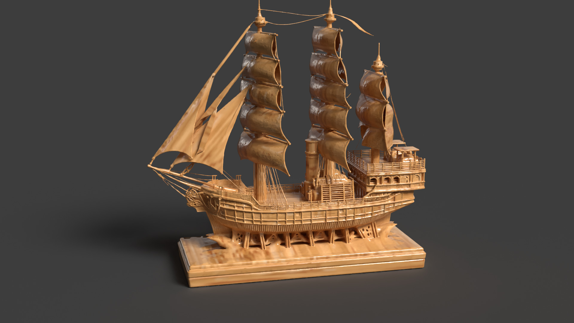 Chinese wooden carving sail ship Low-poly 3D model_3