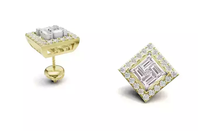 Square Diamond With Baguette Princess Style Stud             