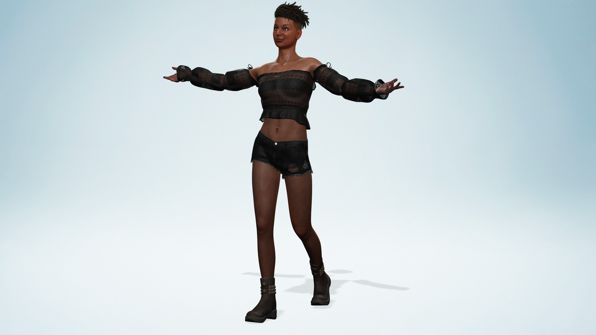 Realistic African Female Dreadlocks Black Outfit Low-poly 3D model_1