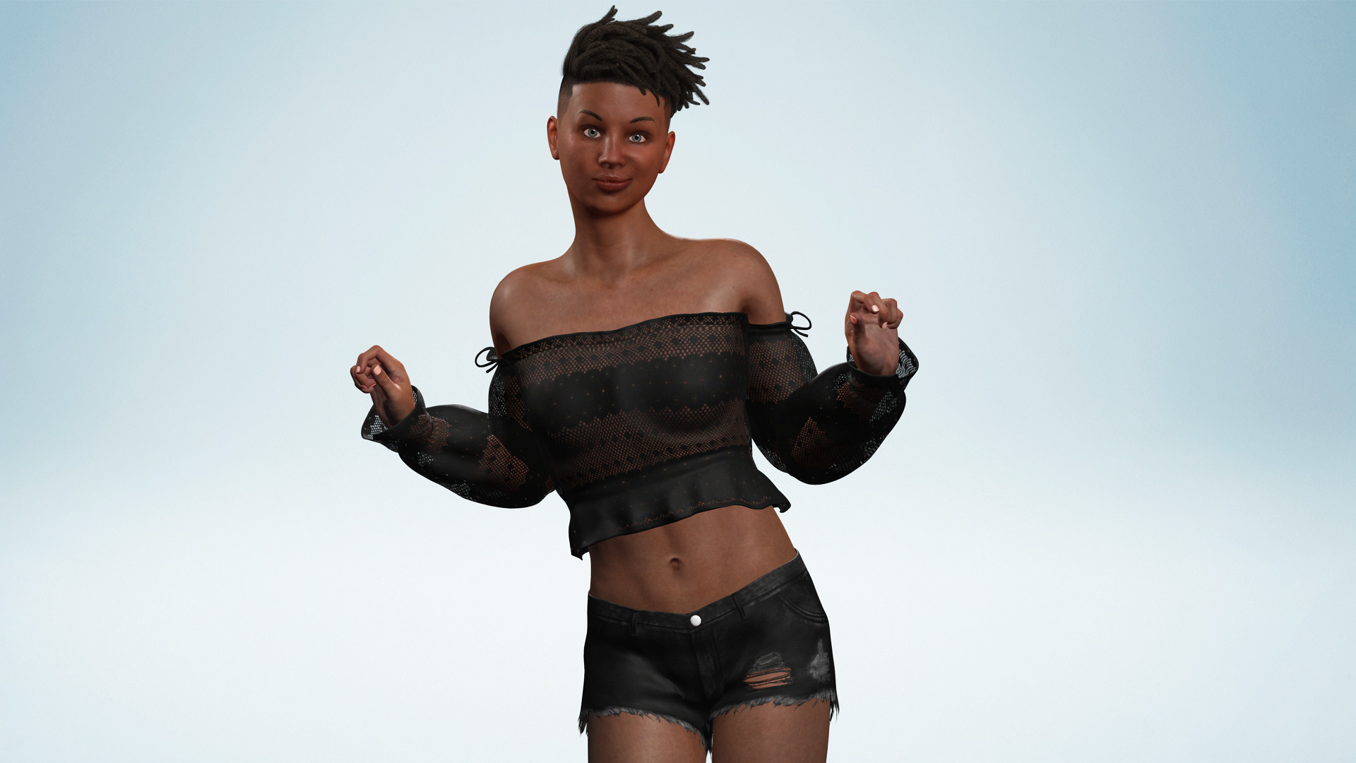 Realistic African Female Dreadlocks Black Outfit Low-poly 3D model_2