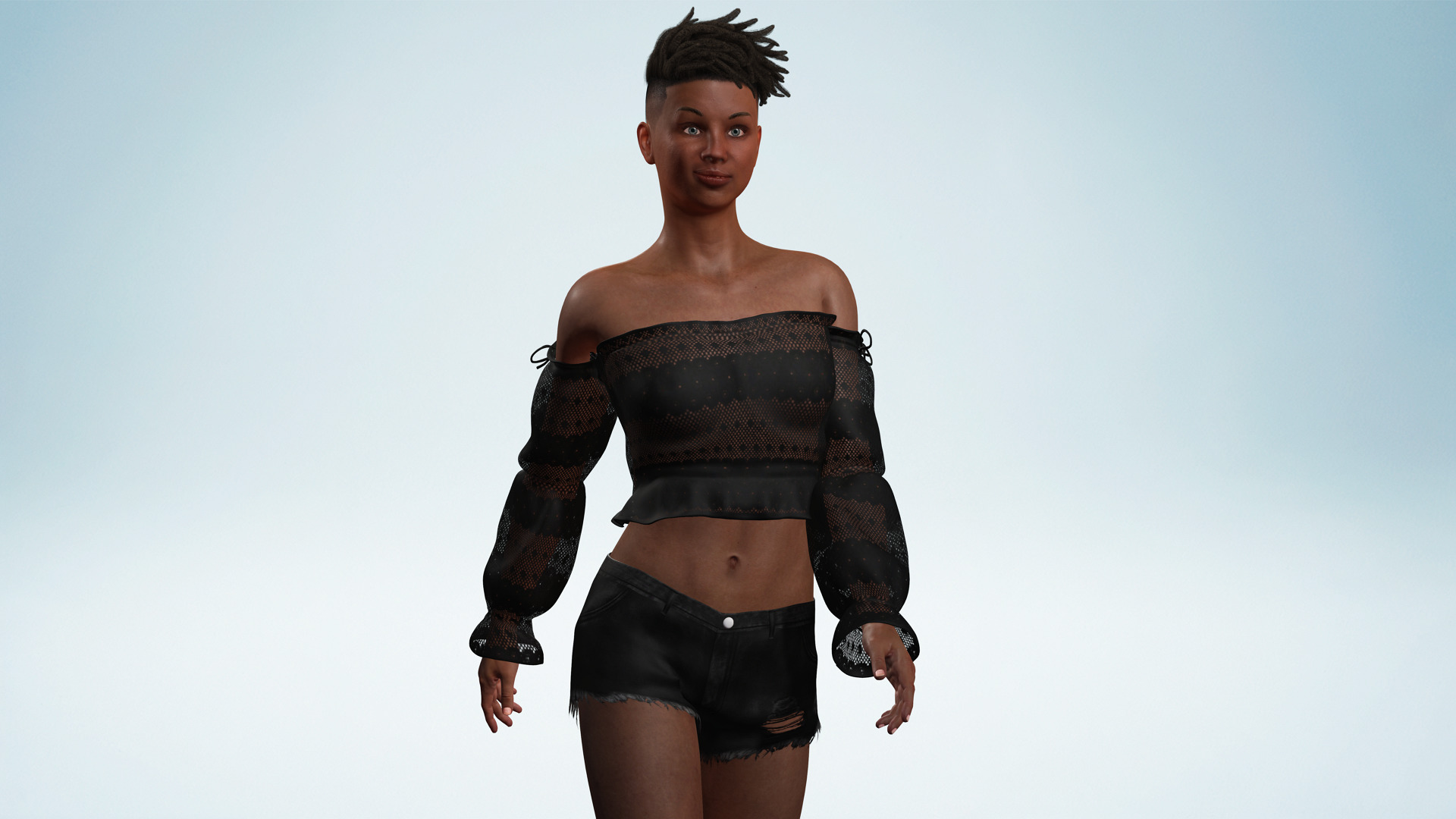 Realistic African Female Dreadlocks Black Outfit Low-poly 3D model_10