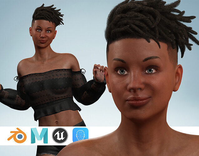 Realistic African Female Dreadlocks Black Outfit Low-poly 3D model