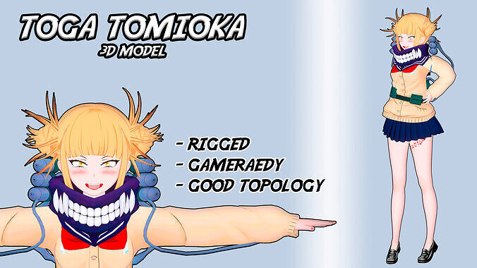 Anime style 3D model of Himiko Toga rigging optimized mesh Low-poly 3D model