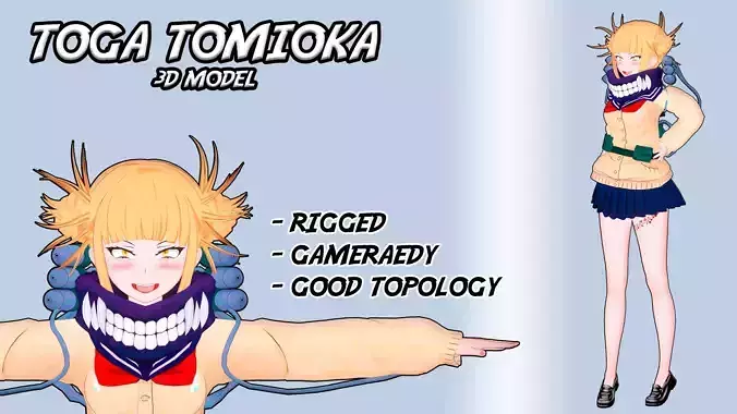 Anime style 3D model of Himiko Toga rigging optimized mesh
