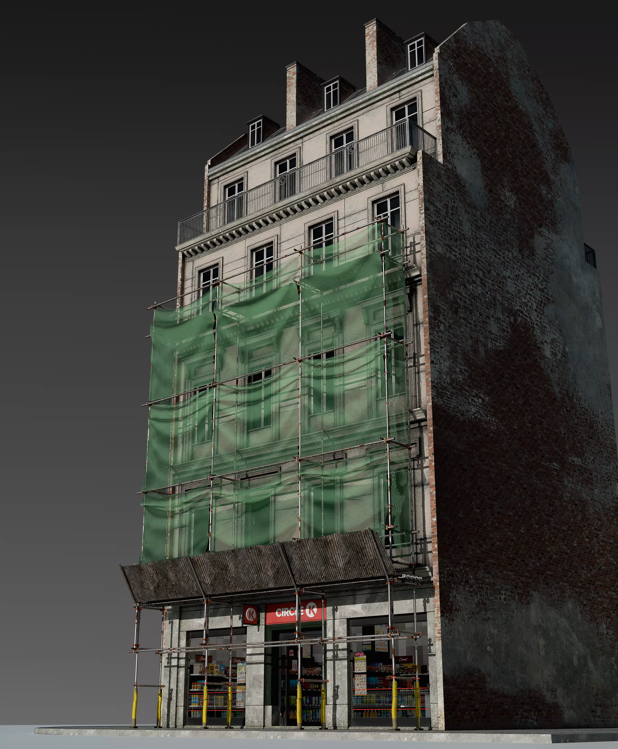 Convenience Store with Scaffolding 3D model_0