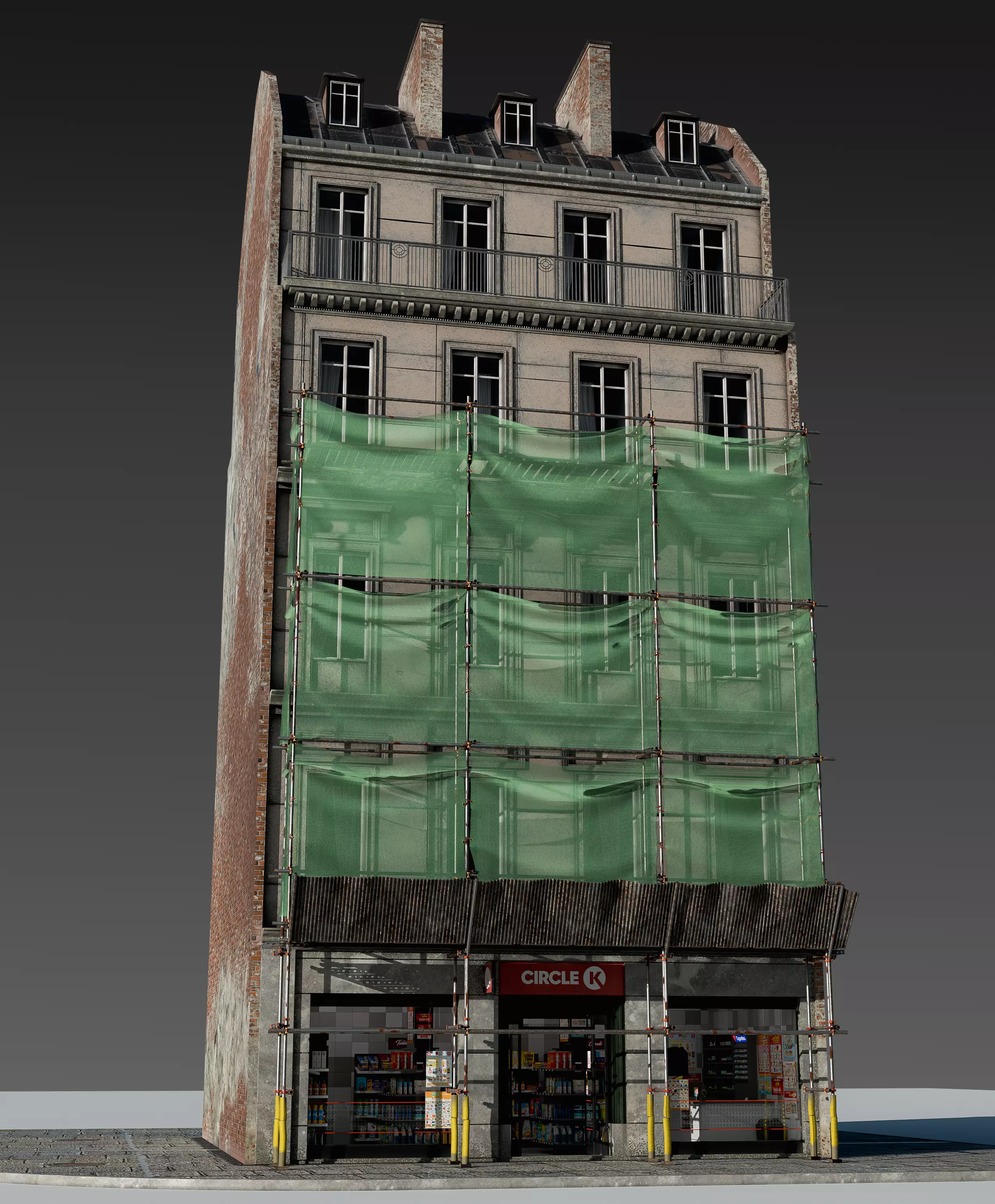 Convenience Store with Scaffolding 3D model_2