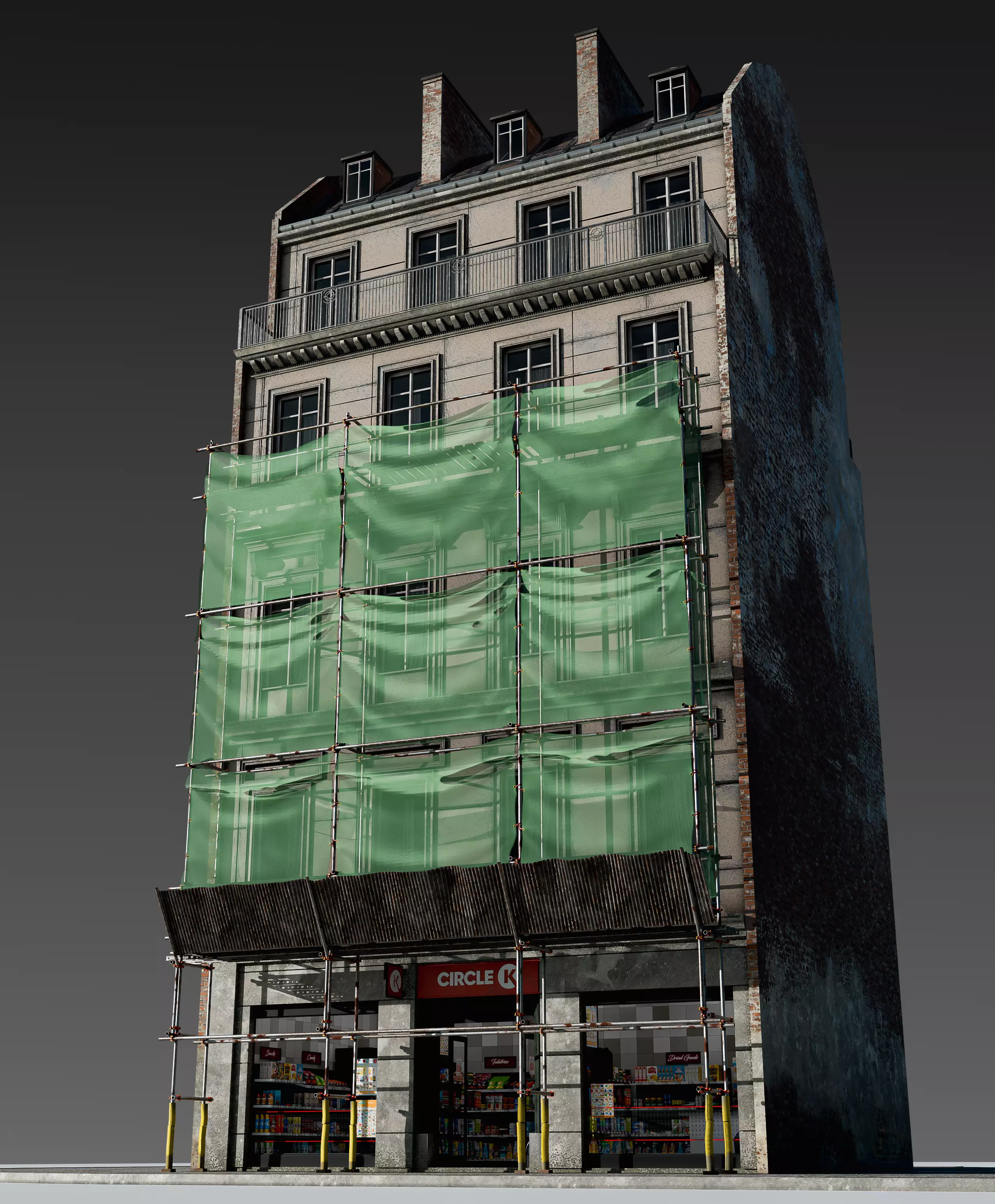 Convenience Store with Scaffolding 3D model_1