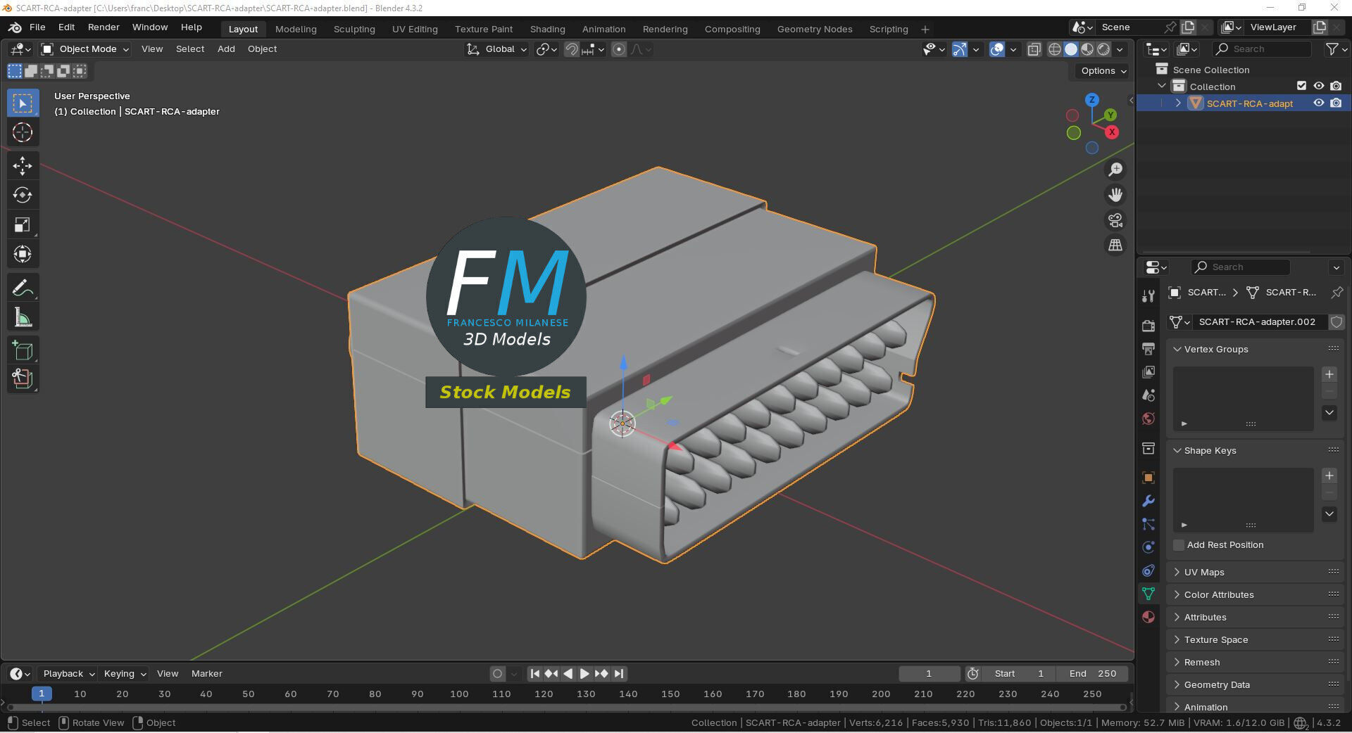 SCART RCA adapter 3D model_9