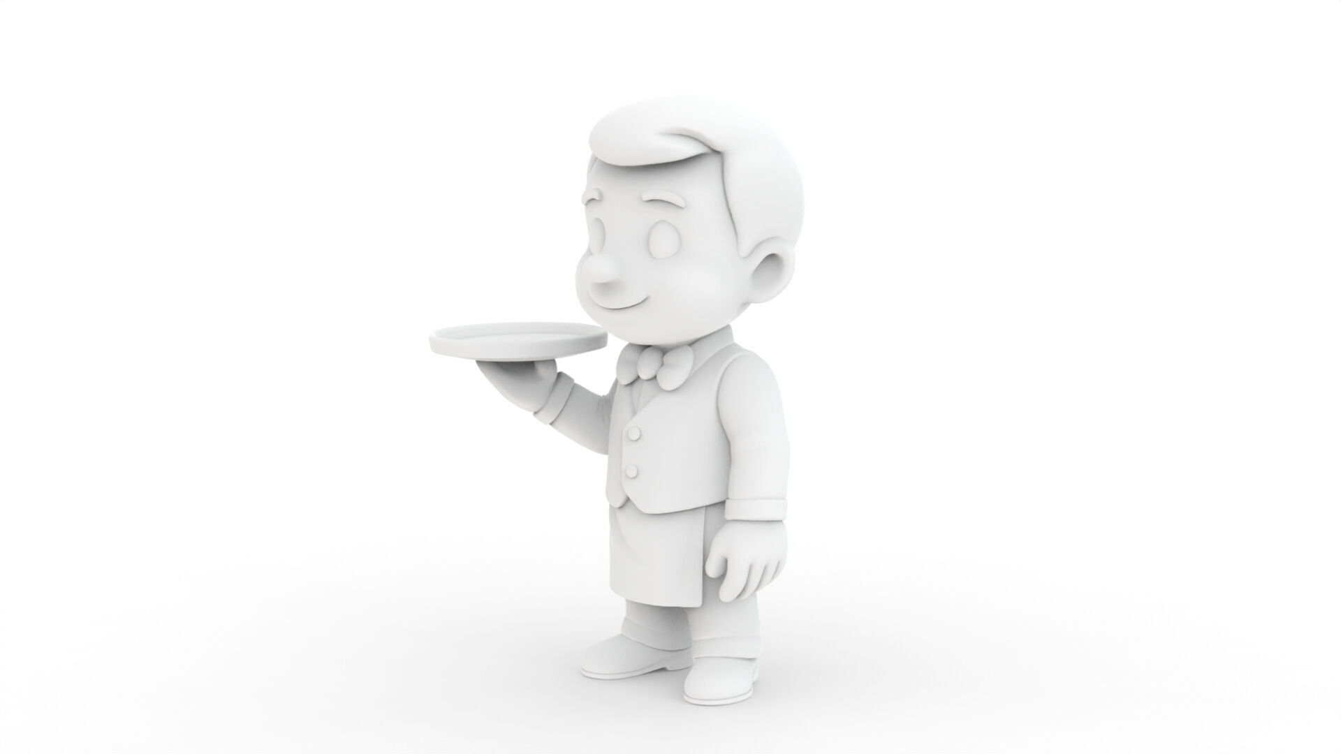 Cartoon Waiter Character 3D Print Model Bow Tie Tray Figurine 3D print model_4