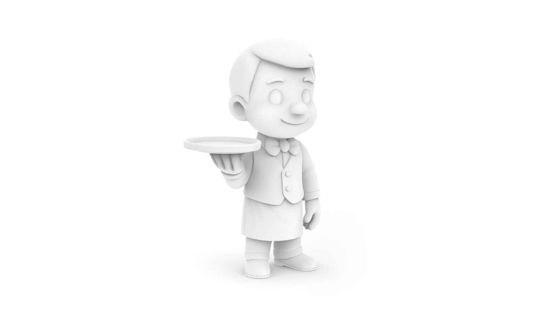 Cartoon Waiter Character 3D Print Model Bow Tie Tray Figurine 3D print model_3
