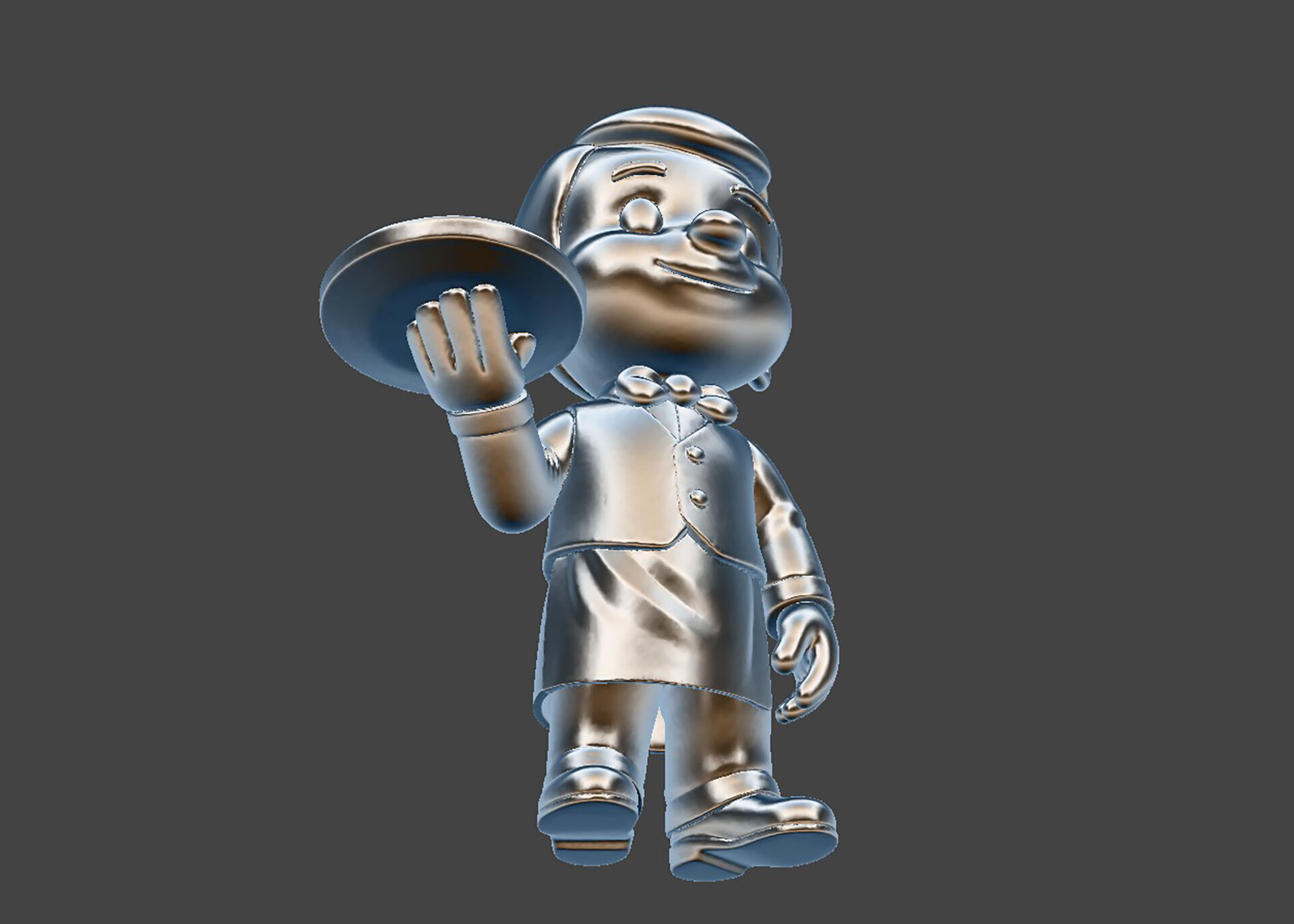 Cartoon Waiter Character 3D Print Model Bow Tie Tray Figurine 3D print model_2