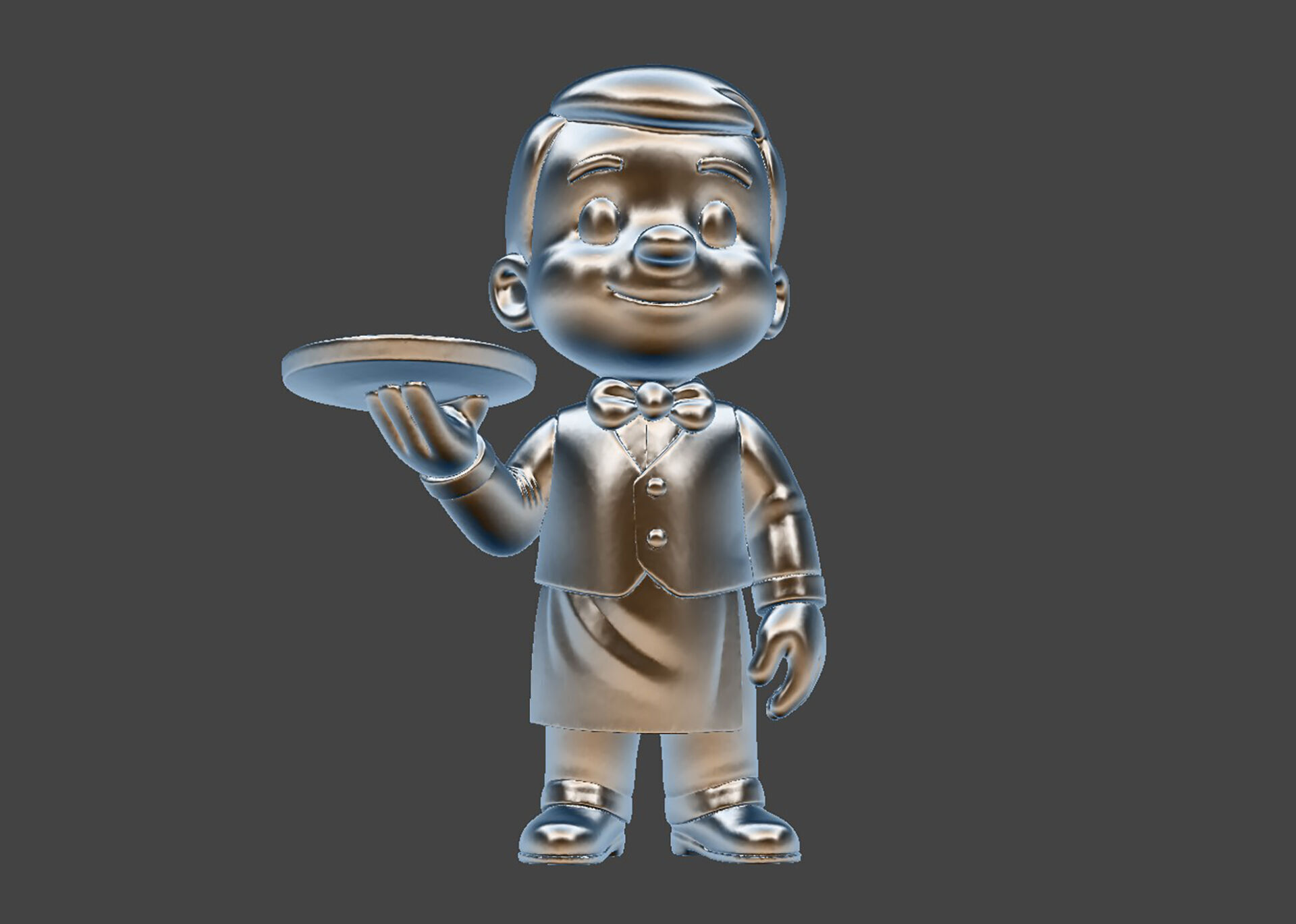 Cartoon Waiter Character 3D Print Model Bow Tie Tray Figurine 3D print model_6