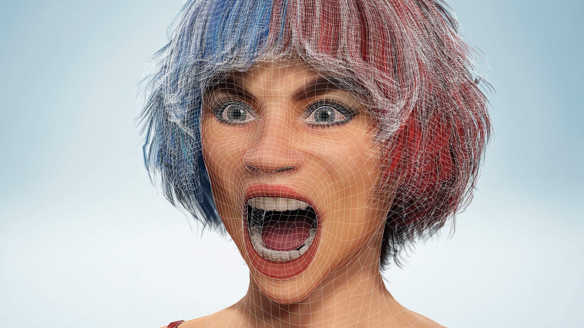 Crazy Realistic Teen Girl Red Blue Hair Quine Low-poly 3D model_27