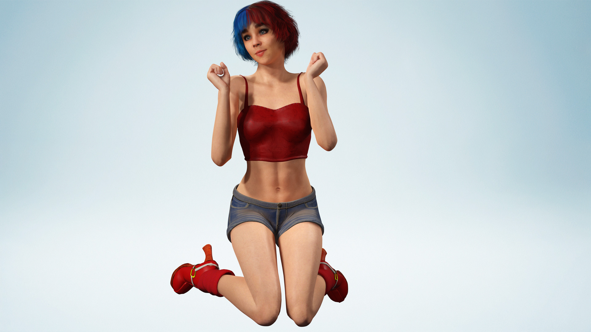 Crazy Realistic Teen Girl Red Blue Hair Quine Low-poly 3D model_6