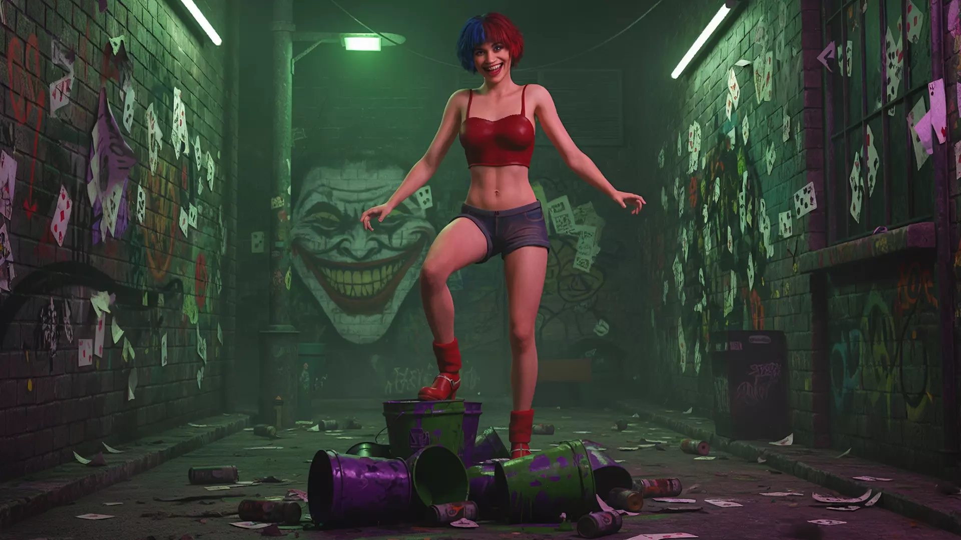 Crazy Realistic Teen Girl Red Blue Hair Quine Low-poly 3D model_3