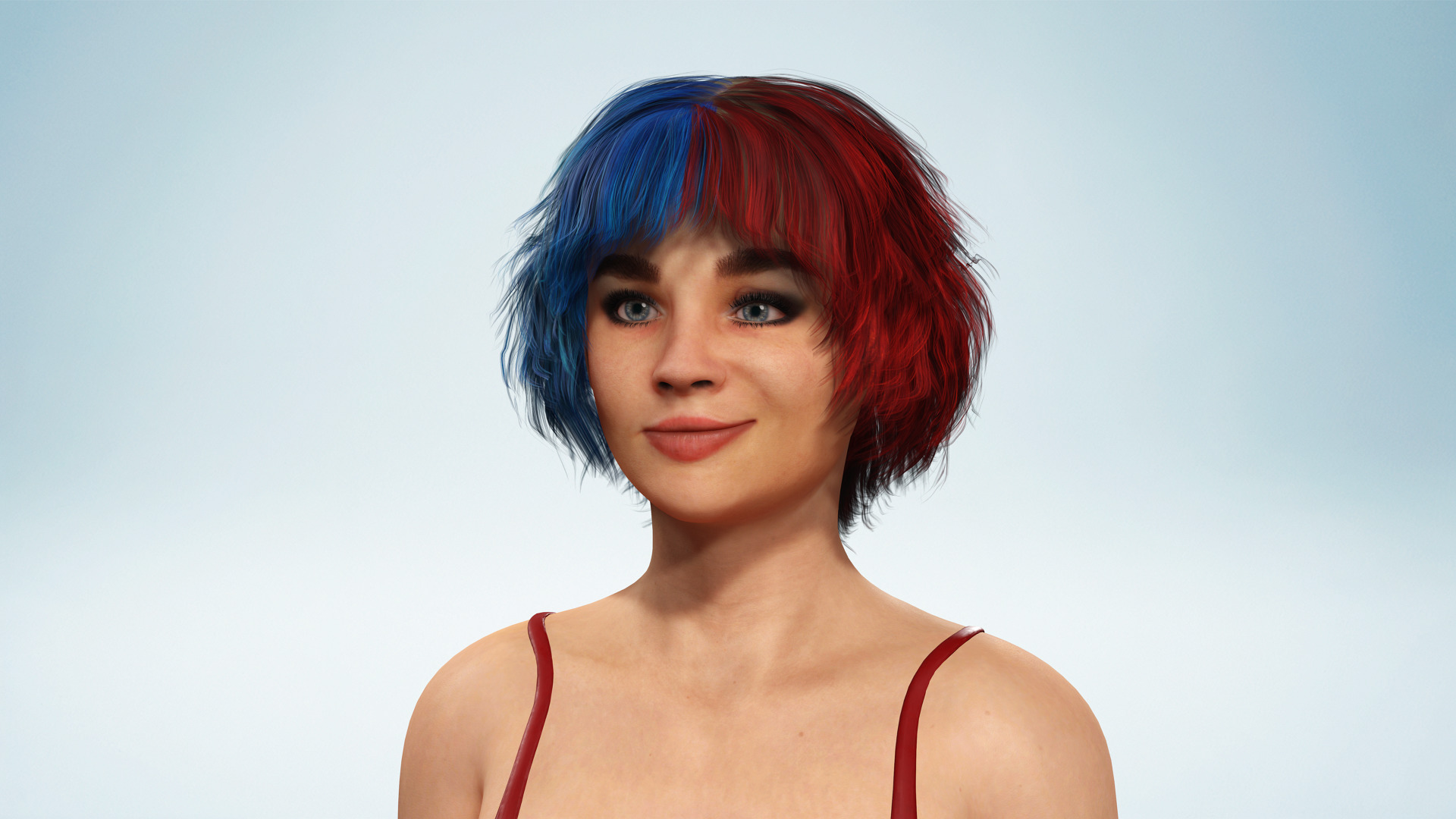 Crazy Realistic Teen Girl Red Blue Hair Quine Low-poly 3D model_1