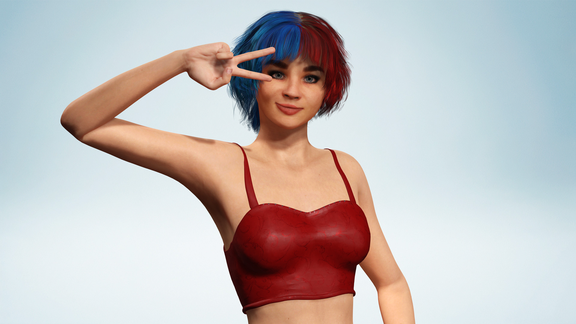 Crazy Realistic Teen Girl Red Blue Hair Quine Low-poly 3D model_9