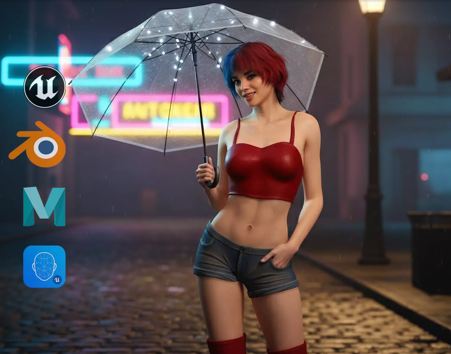 Crazy Realistic Teen Girl Red Blue Hair Quine Low-poly 3D model_0