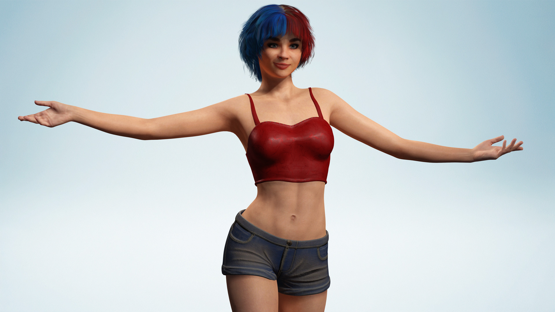 Crazy Realistic Teen Girl Red Blue Hair Quine Low-poly 3D model_10