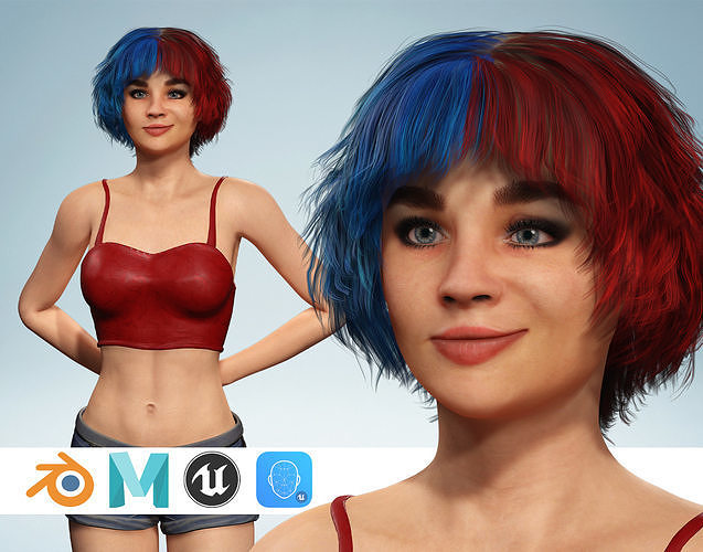 Crazy Realistic Teen Girl Red Blue Hair Quine Low-poly 3D model