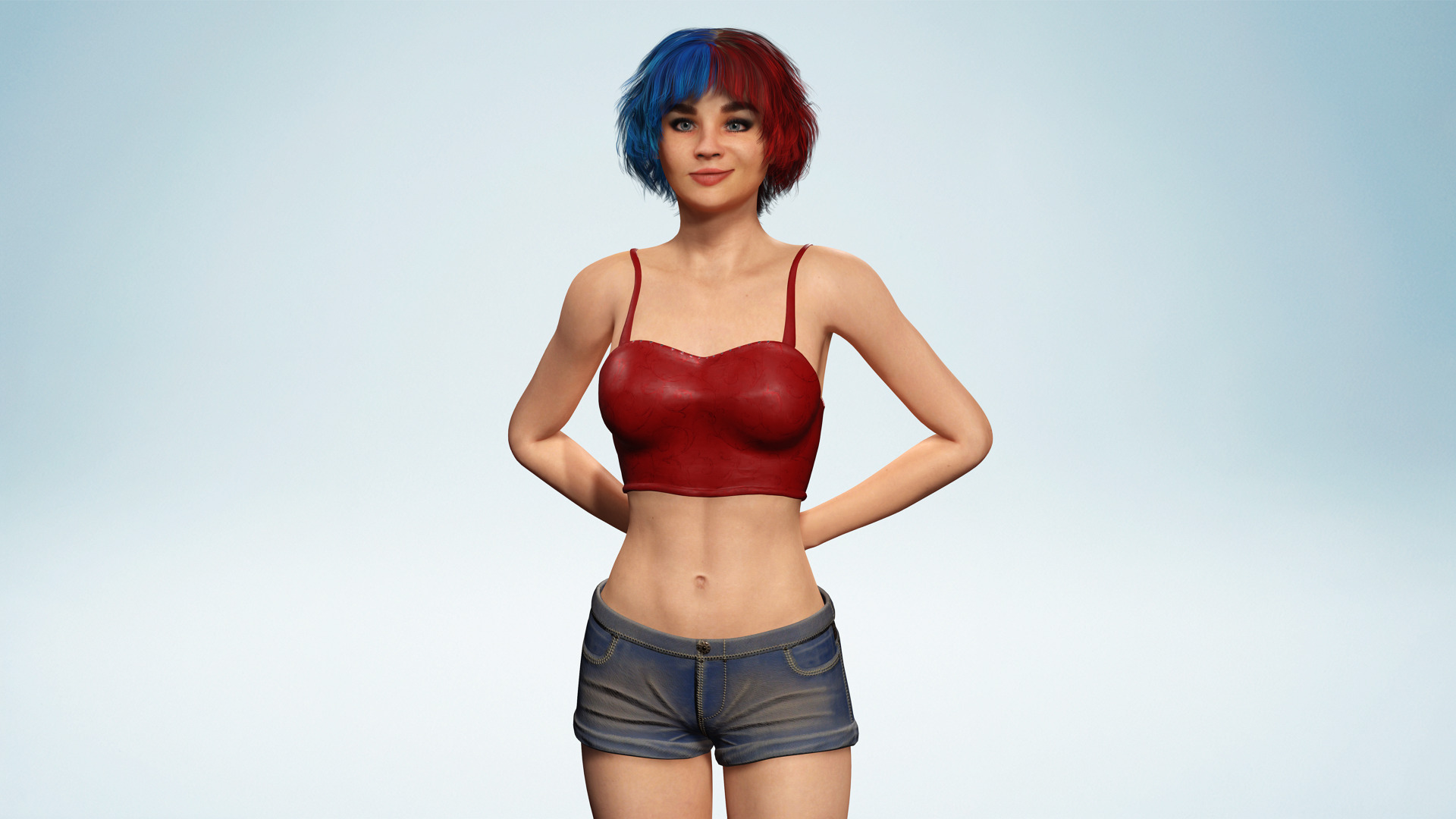 Crazy Realistic Teen Girl Red Blue Hair Quine Low-poly 3D model_2