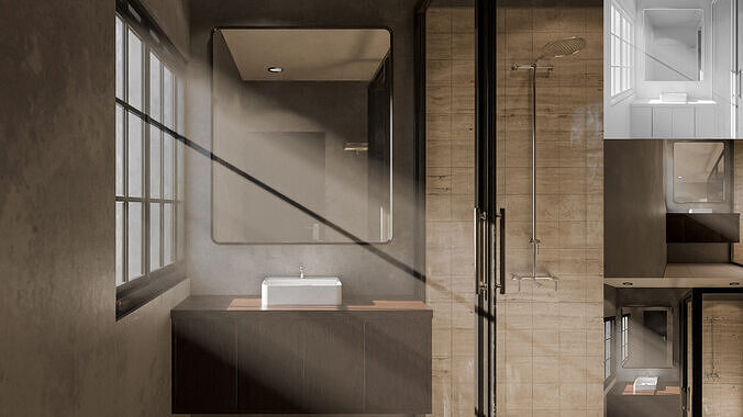 Minimalist Modern Bathroom with Vanity Mirror and Shower Low-poly 3D model