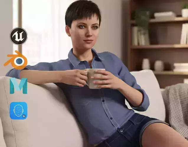 Realistic Young Woman Casual Character Blue Shirt Denim Shorts