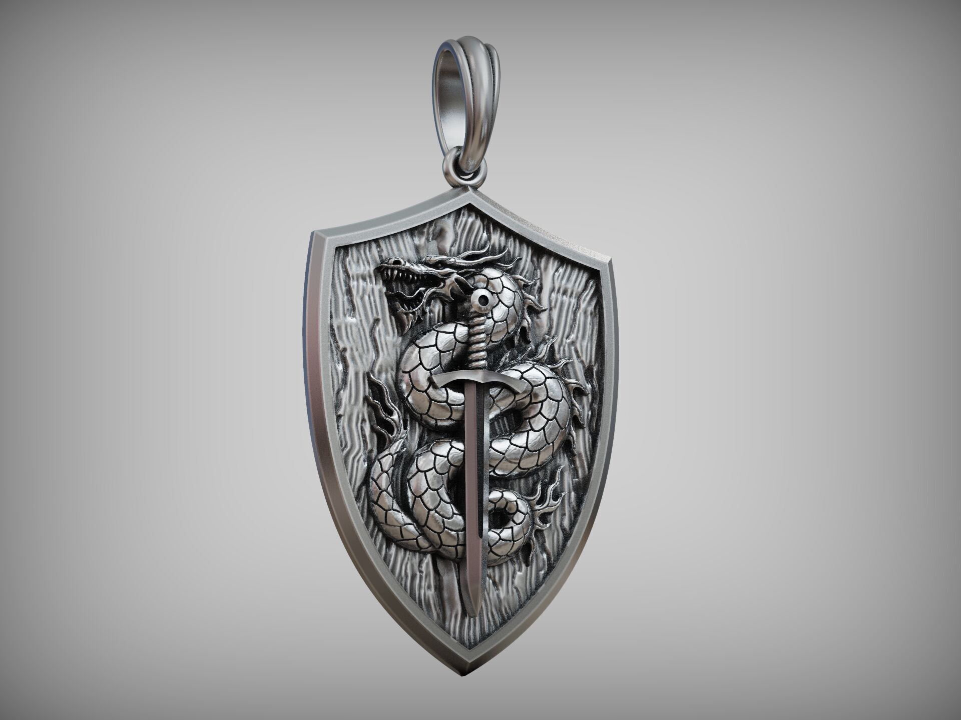 Dragon Pendant with Sword and Shield Scales Medieval Fantasy 3D print model_4