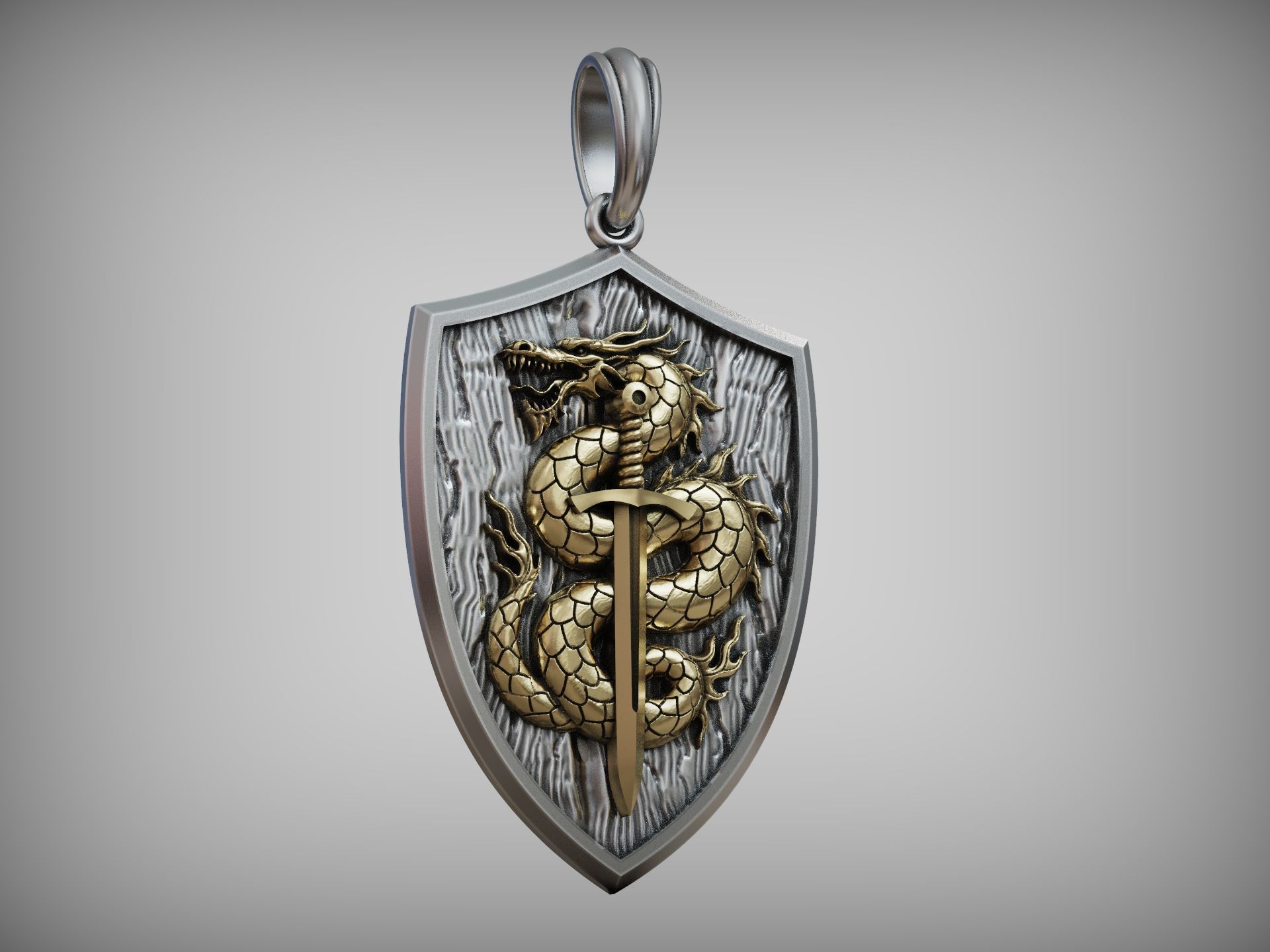 Dragon Pendant with Sword and Shield Scales Medieval Fantasy 3D print model_5