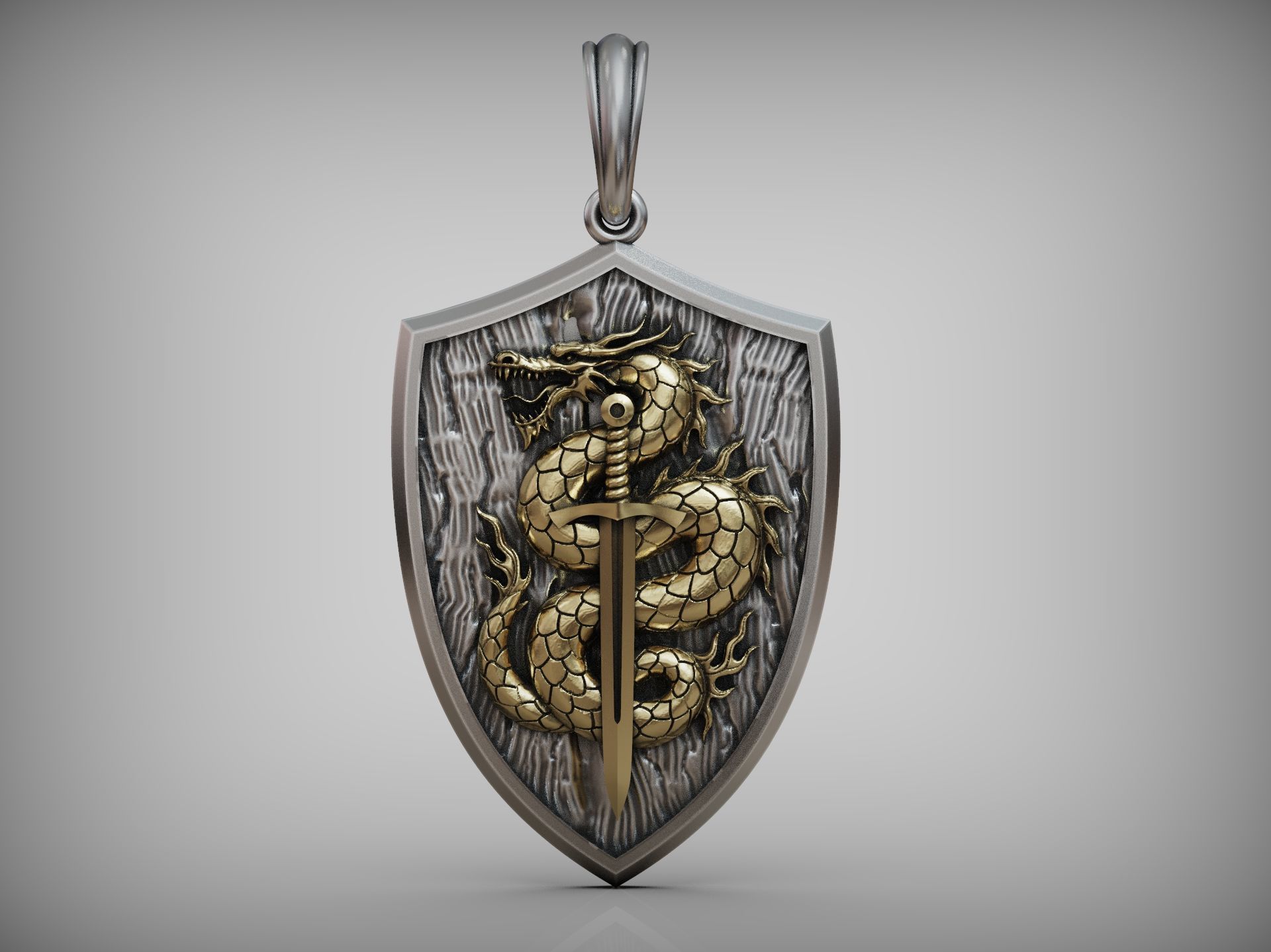 Dragon Pendant with Sword and Shield Scales Medieval Fantasy 3D print model_6