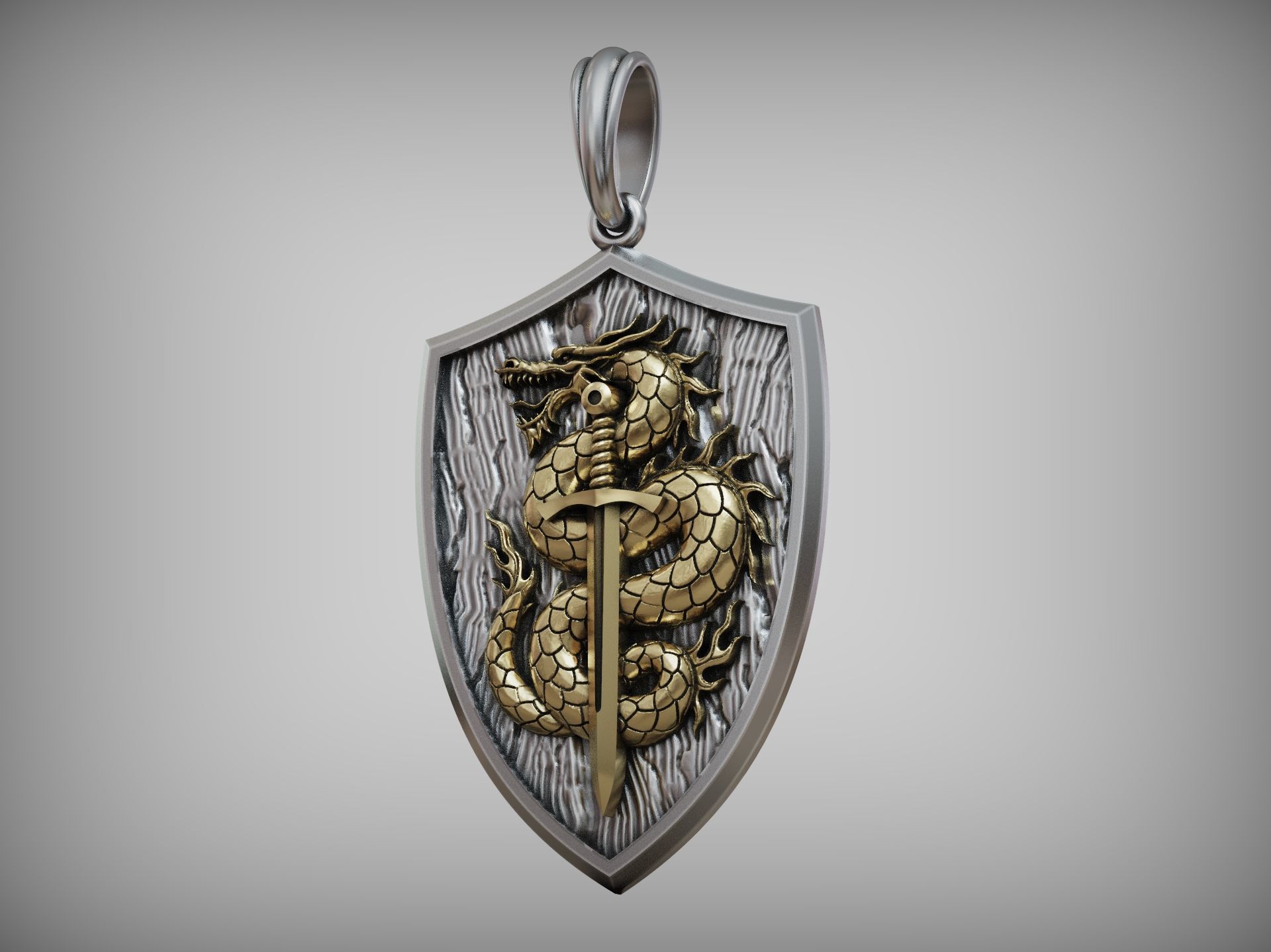Dragon Pendant with Sword and Shield Scales Medieval Fantasy 3D print model_9