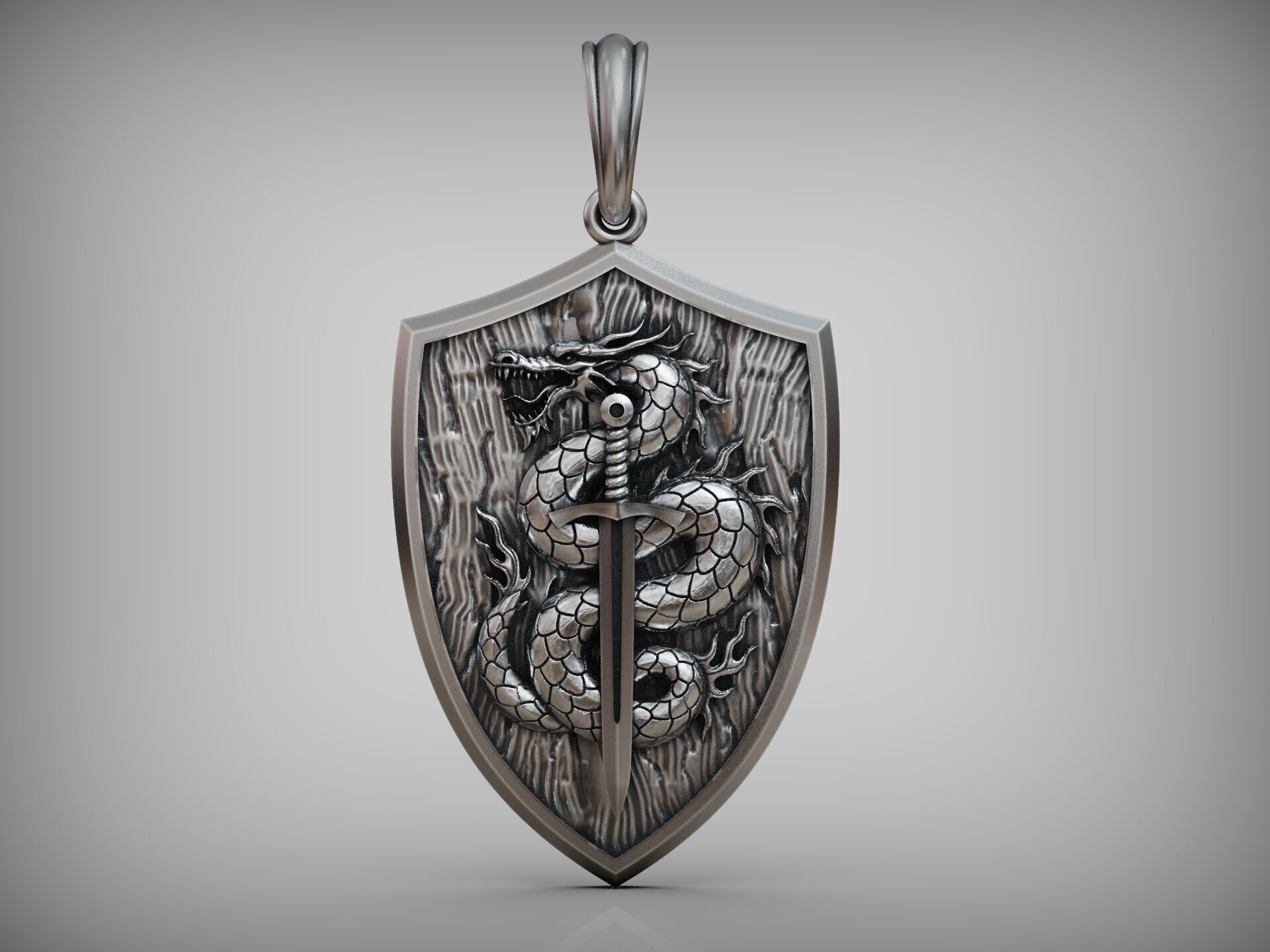 Dragon Pendant with Sword and Shield Scales Medieval Fantasy 3D print model_7