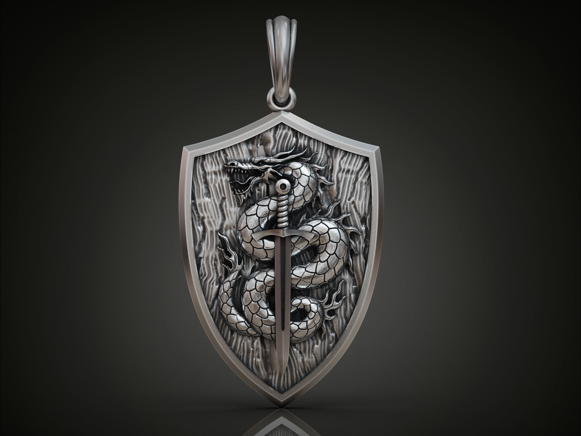 Dragon Pendant with Sword and Shield Scales Medieval Fantasy 3D print model_1