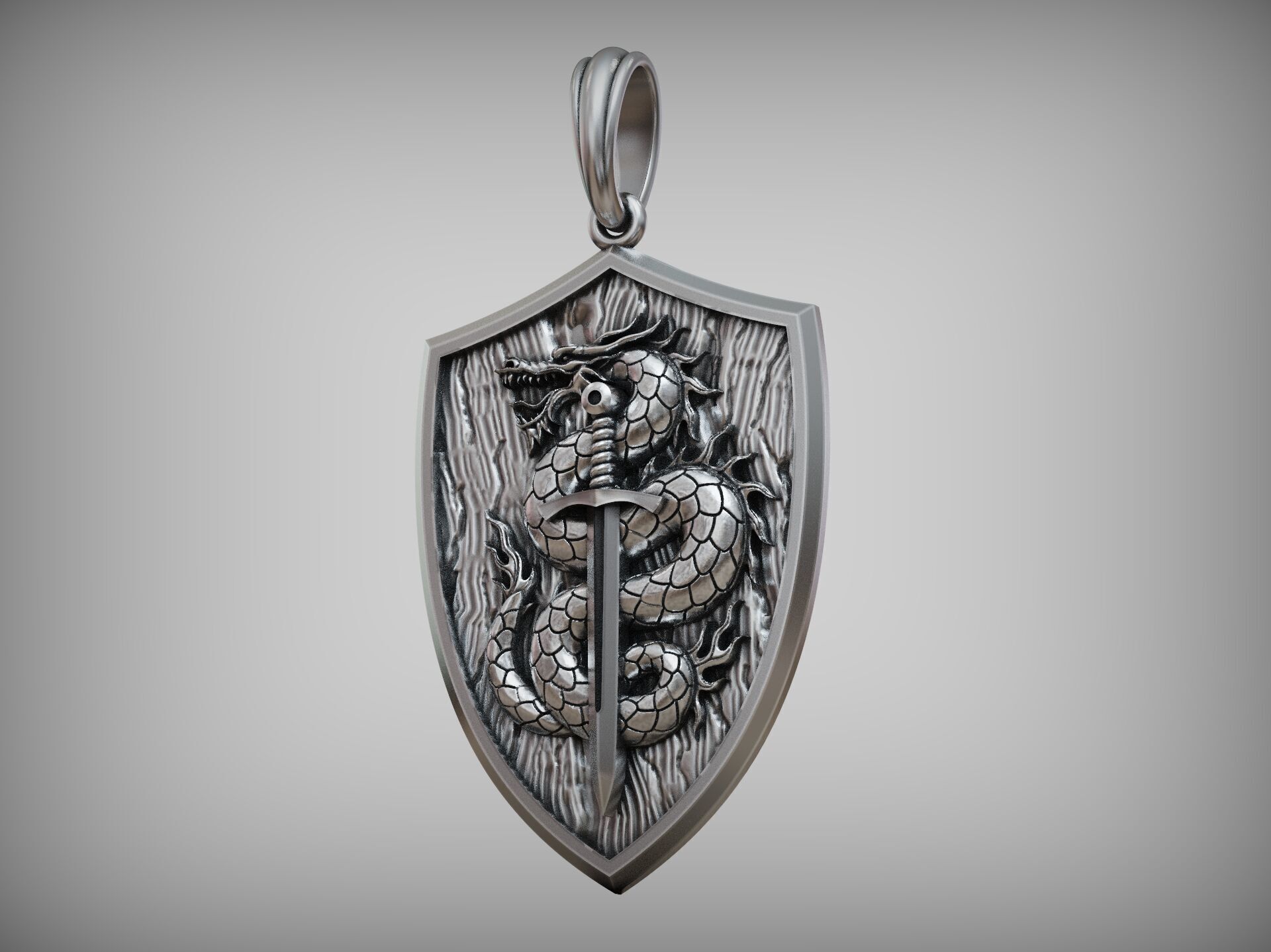Dragon Pendant with Sword and Shield Scales Medieval Fantasy 3D print model_8