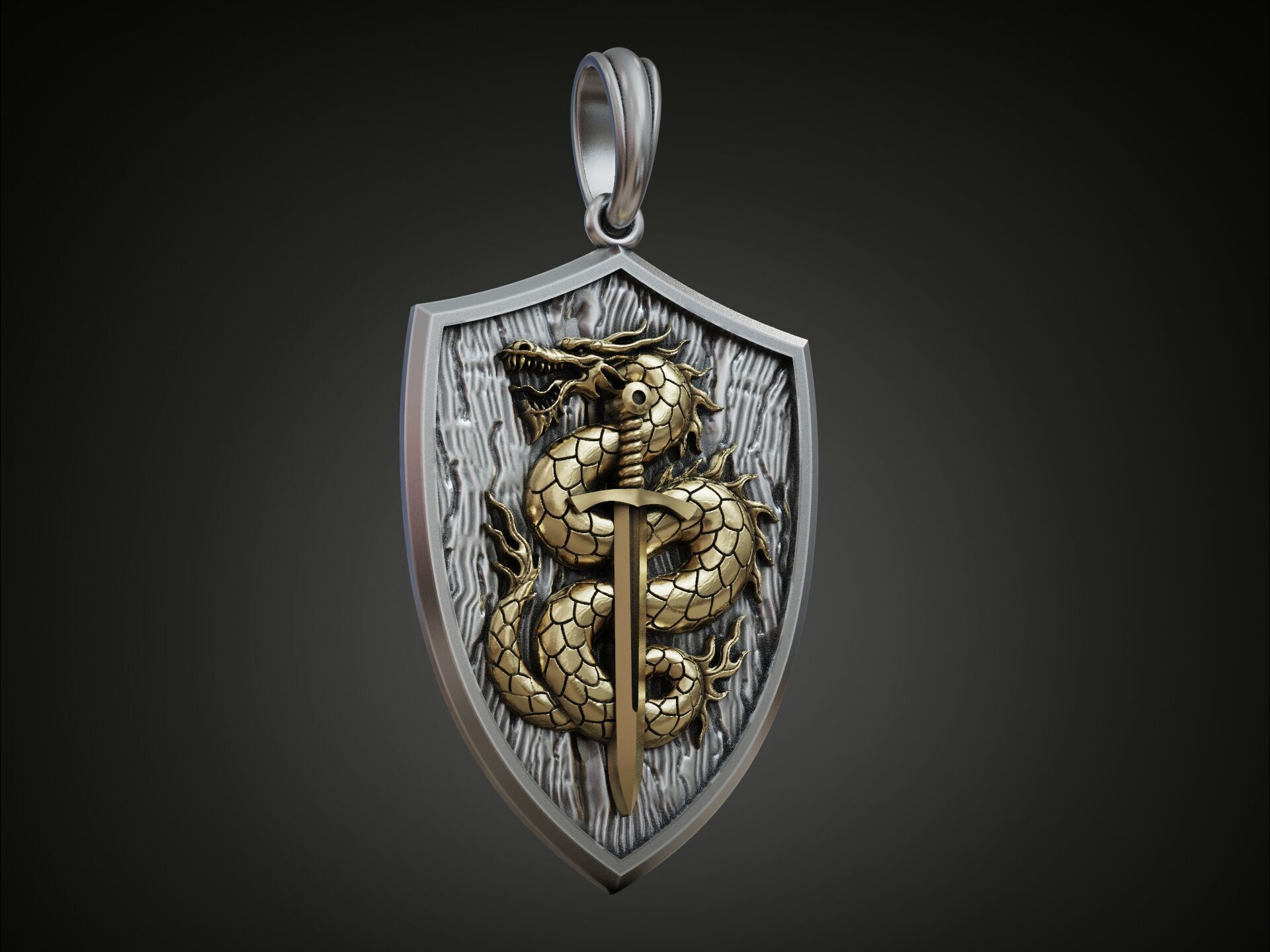 Dragon Pendant with Sword and Shield Scales Medieval Fantasy 3D print model_2