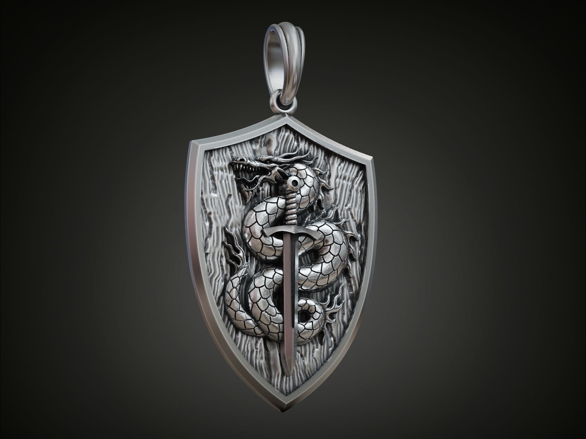 Dragon Pendant with Sword and Shield Scales Medieval Fantasy 3D print model_3