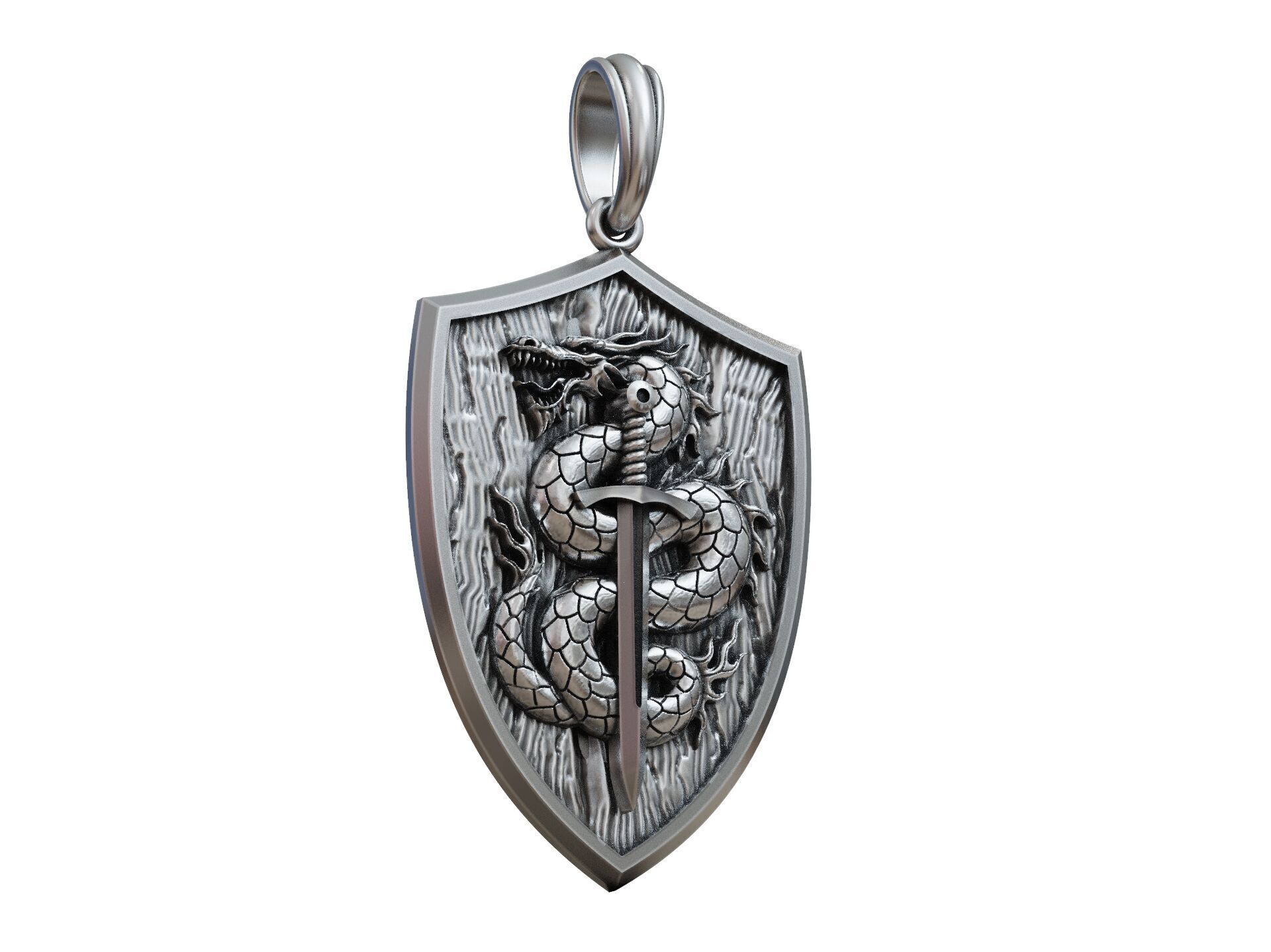 Dragon Pendant with Sword and Shield Scales Medieval Fantasy 3D print model_12