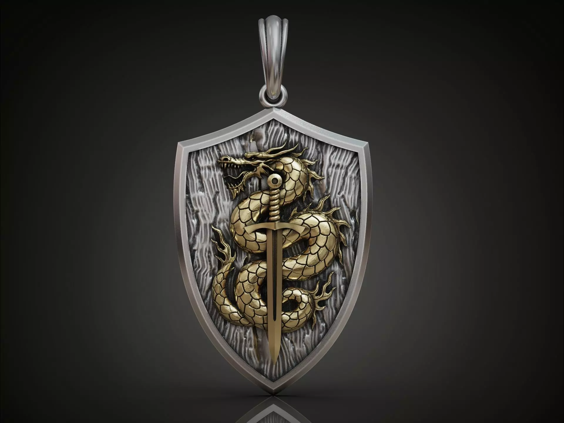 Dragon Pendant with Sword and Shield Scales Medieval Fantasy 3D print model_0