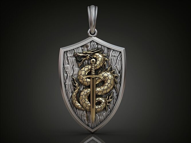 Dragon Pendant with Sword and Shield Scales Medieval Fantasy 3D print model